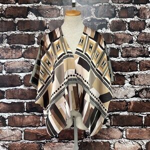 Systemaction Poncho Cardigan Shrug Lightweight Brown Geometric Print One Size